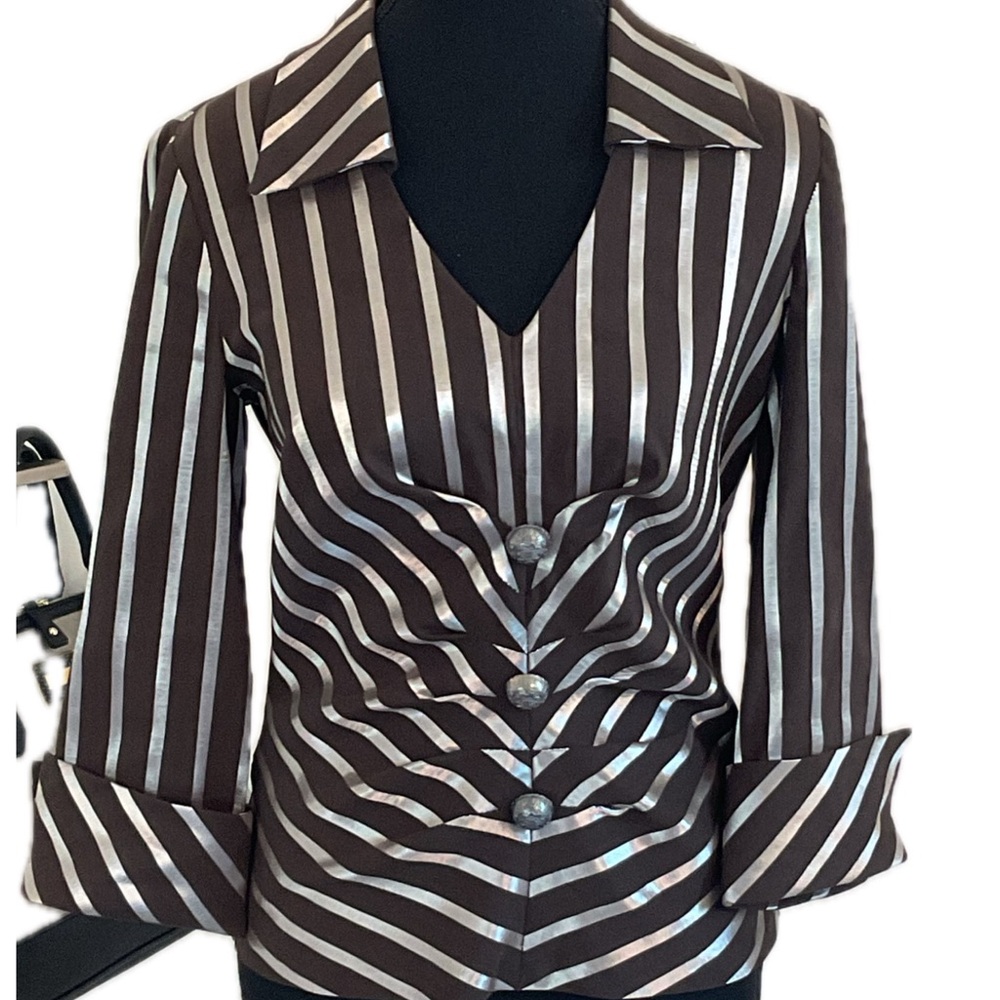 Joseph Ribkoff Brown and White Buttoned Blouse with Notched Collar